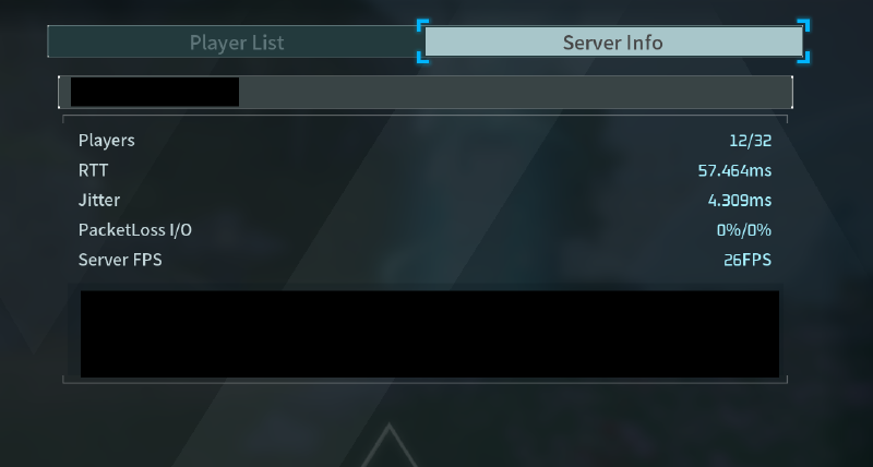 Palworld in-game server info panel showing player count, RTT, jitter, packet loss, and server FPS