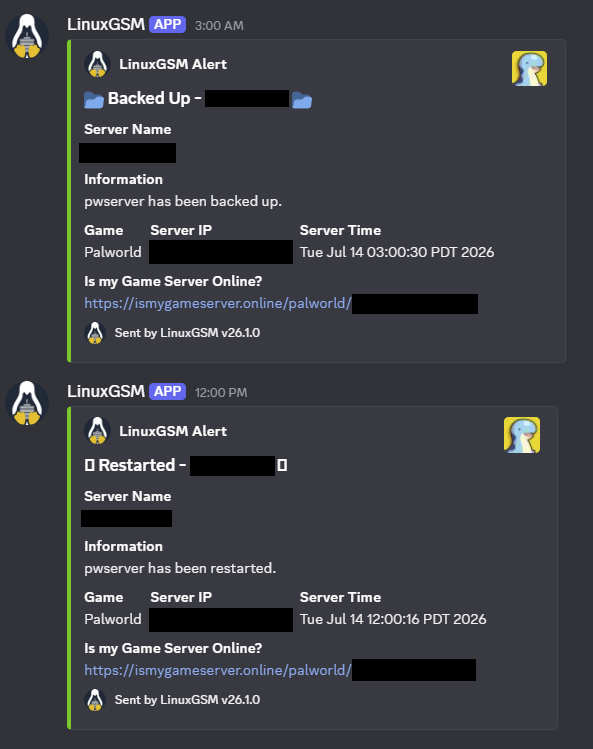 Discord messages from the LGSM alert webhook showing a Backed Up notification and a Restarted notification, each with server name, IP, and timestamp