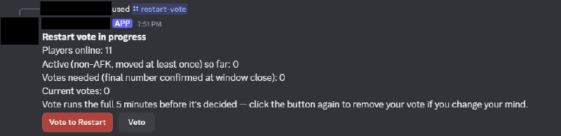 Discord embed showing a restart vote in progress, with players online, active count, votes needed, current votes, and Vote to Restart / Veto buttons
