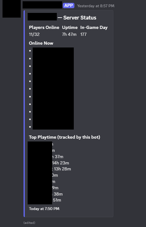 Discord embed showing live server status: players online, uptime, in-game day, who’s online now, and a top-playtime leaderboard tracked by the bot