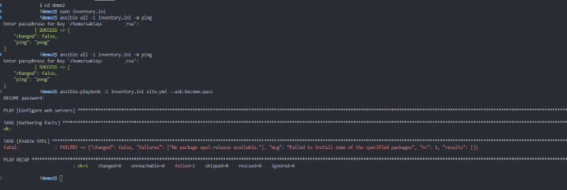 Terminal showing a successful ansible ping to the demo VM twice, followed by ansible-playbook failing on a task called Enable EPEL with “No package epel-release available”