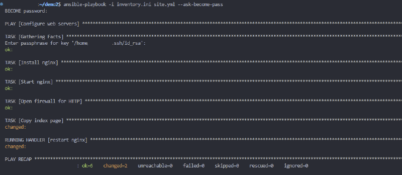 Terminal showing Copy index page reporting changed, followed by RUNNING HANDLER restart nginx also reporting changed, PLAY RECAP ok=6 changed=2