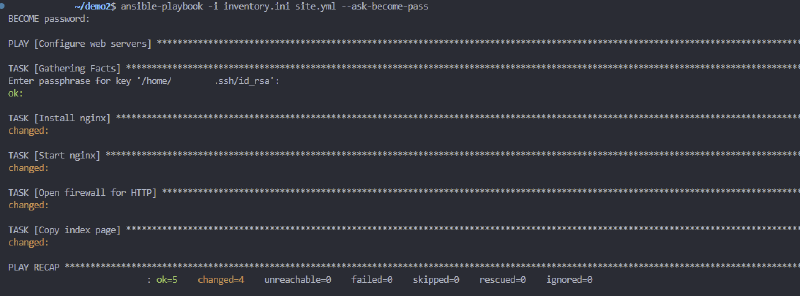Terminal showing a successful ansible-playbook run: install nginx, start nginx, open firewall for HTTP, and copy index page, all changed, PLAY RECAP ok=5 changed=4