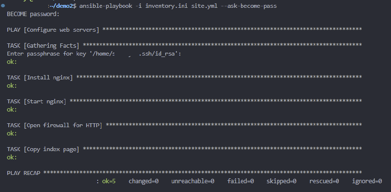Terminal showing the same ansible-playbook run again, this time reporting PLAY RECAP ok=5 changed=0