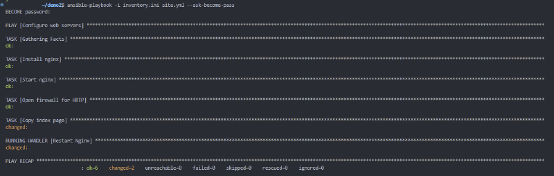 Terminal showing the templated version of the playbook running, Copy index page changed, RUNNING HANDLER Restart Nginx changed, PLAY RECAP ok=6 changed=2