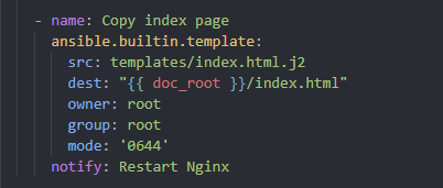 YAML snippet: a “Copy index page” task using ansible.builtin.template with src templates/index.html.j2, dest using a doc_root variable, and notify: Restart Nginx