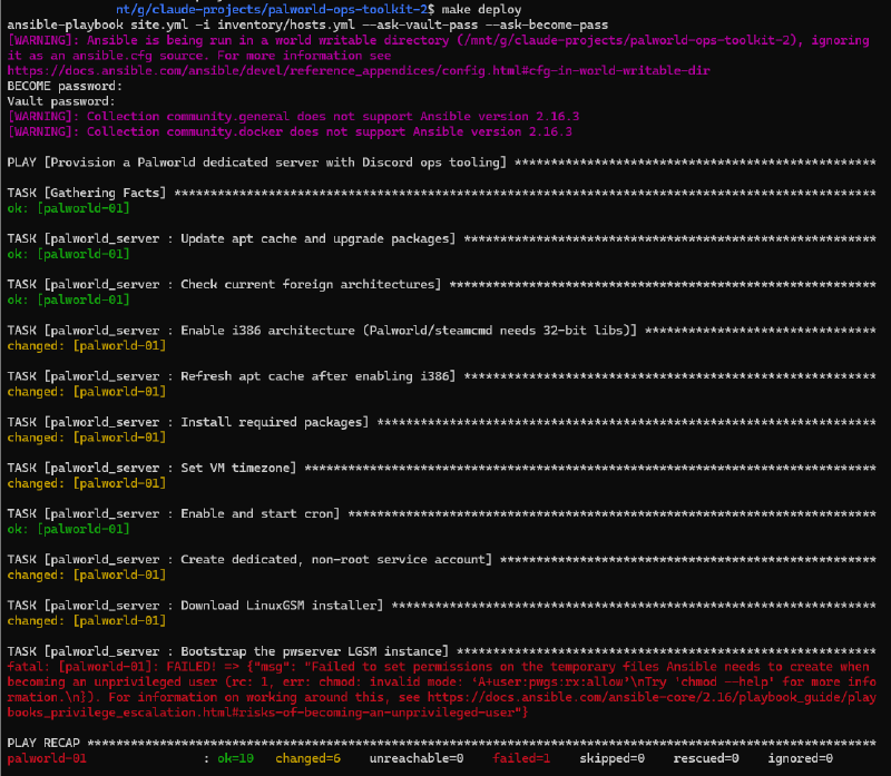 Terminal running make deploy in palworld-ops-toolkit-2, showing the world-writable-directory warning, BECOME and Vault password prompts, several successful tasks, then a fatal chmod error on Bootstrap the pwserver LGSM instance