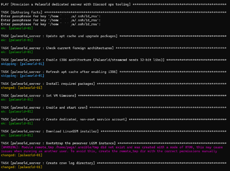 Terminal continuing the same deploy after the acl fix: SSH key passphrase prompts, package installs, LGSM bootstrap with a remote_tmp permissions warning, cron log directory created