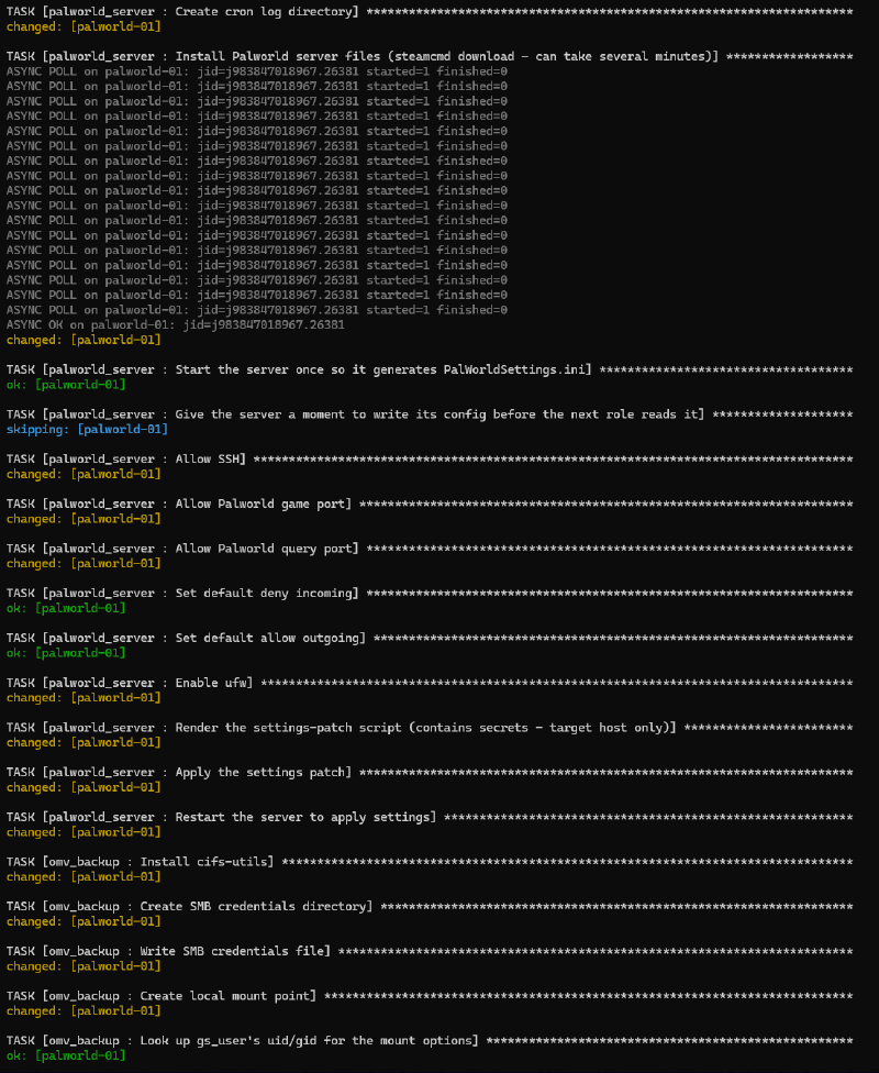 Terminal continuing further: the steamcmd download running as an async task with repeated poll checks, then UFW rules, the settings patch, a server restart, and the omv_backup role beginning its own tasks